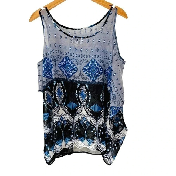 Arianna by Howard’s OS black blue white boho print sheer cold shoulder tunic top - Picture 3 of 5